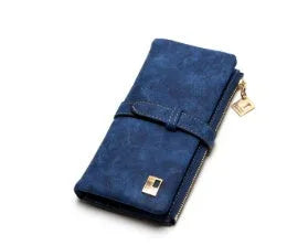 Vertical long Pu leather wallet with zip closure open to show card slots, note compartment, and phone pocket.