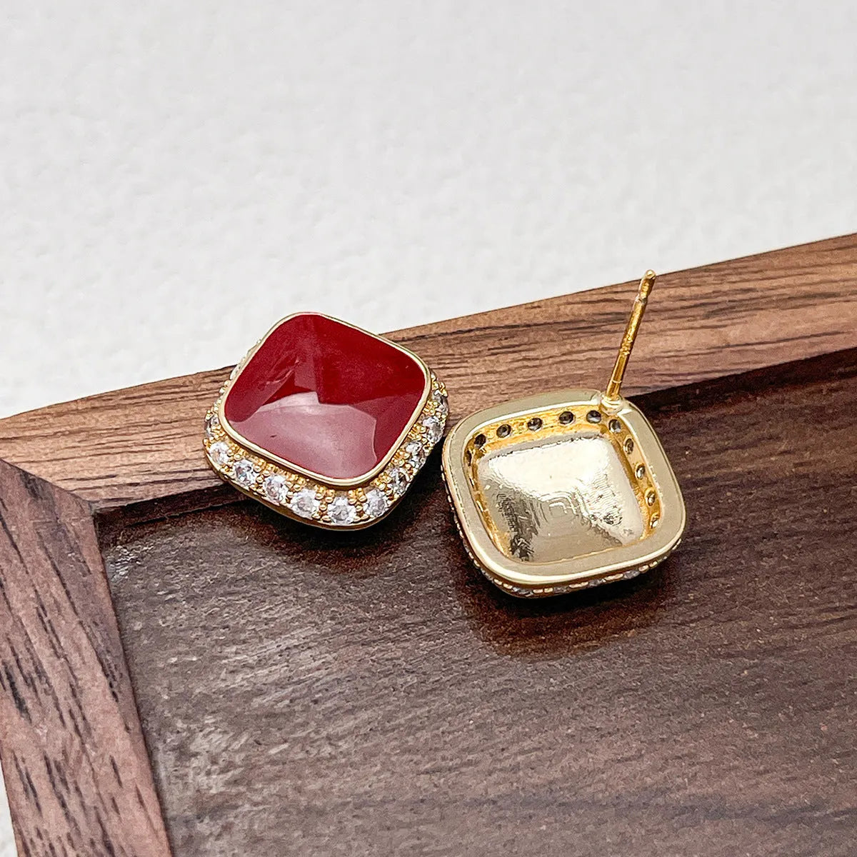Red square geometric alloy earrings with retro style and simple inlaid design