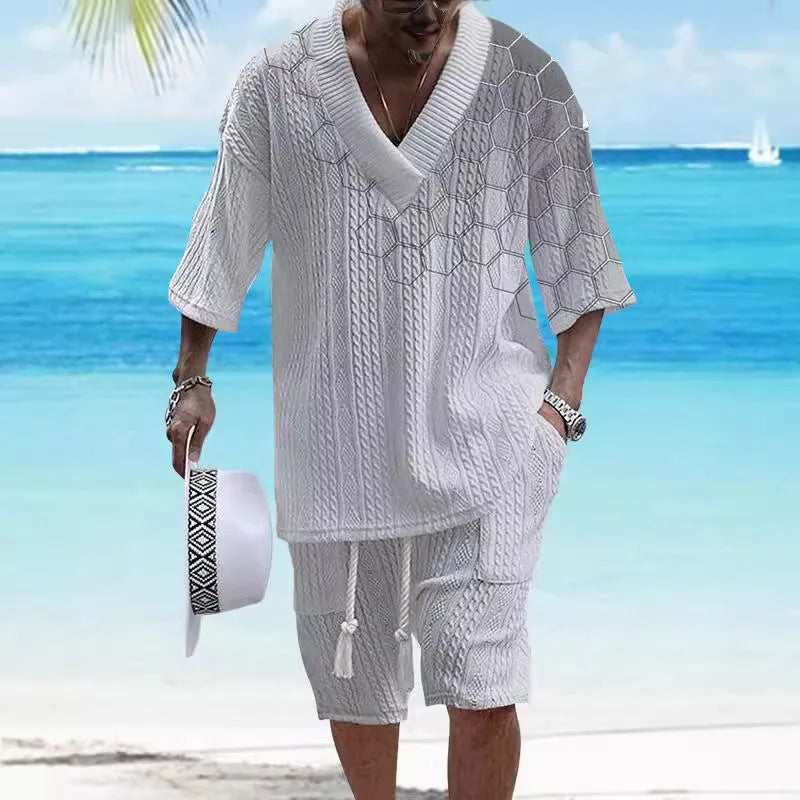Men's printed drop-shoulder knitted short sleeve top and shorts suit set in chemical fibre blend