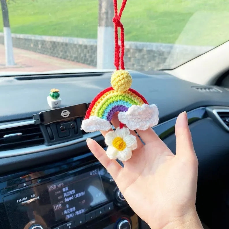 Handmade crocheted wool car pendant in avocado colour with rainbow flower design