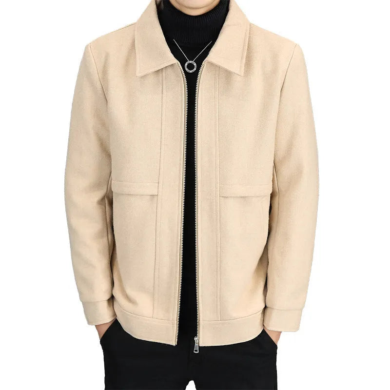 Casual men's polo collar jacket in lightweight cotton blend fabric, shown in khaki and grey colours with side seam pockets