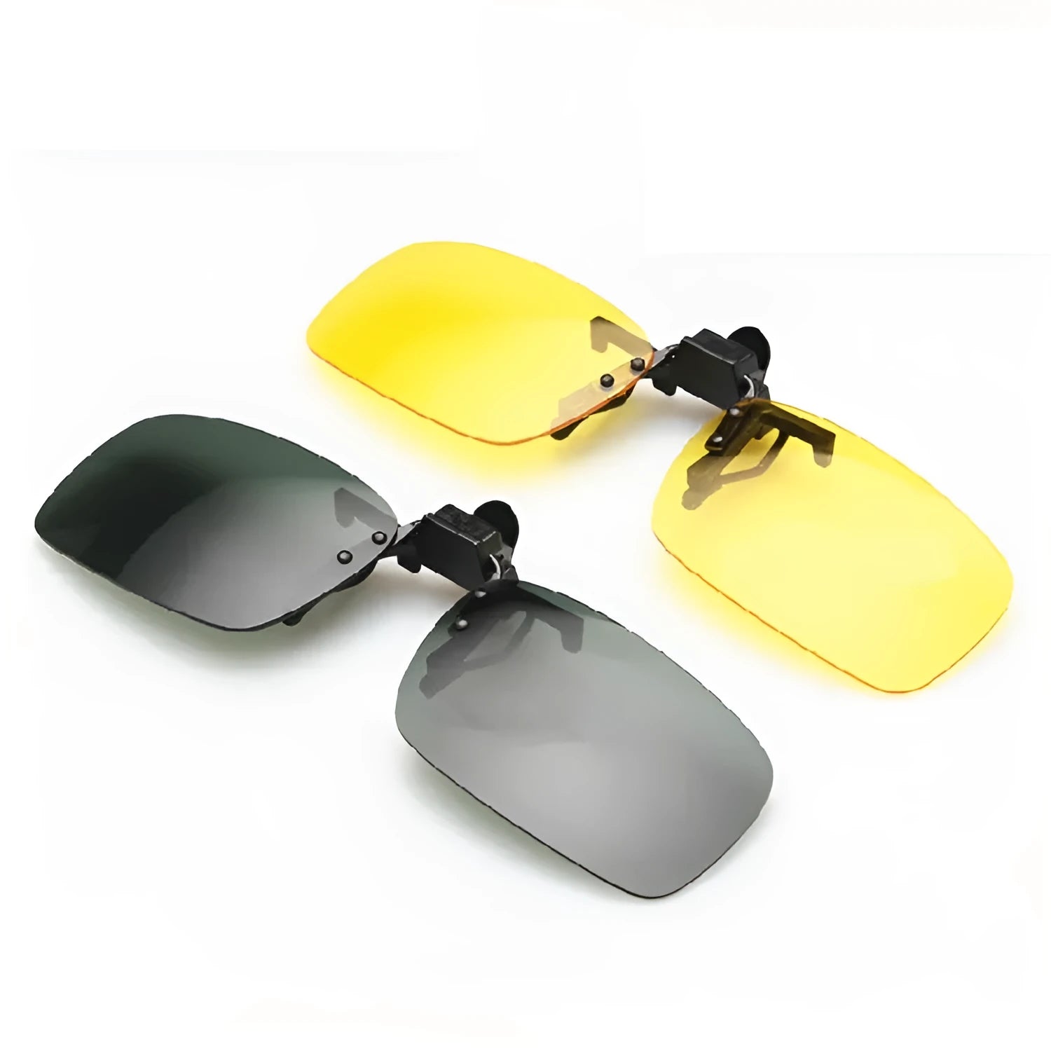 PC clip-on sunglasses for prescription glasses in large and small sizes with dark green, grey, and night vision tint lenses