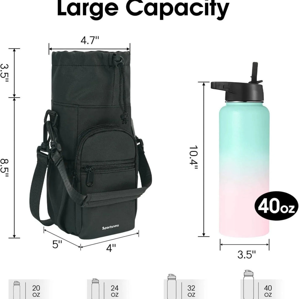 Cloth canvas water bottle pouch with a removable crossbody strap in black, green, and pink colour options.