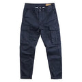 Men's cropped multi-pocket cotton work trousers in khaki, shown on a hanger.