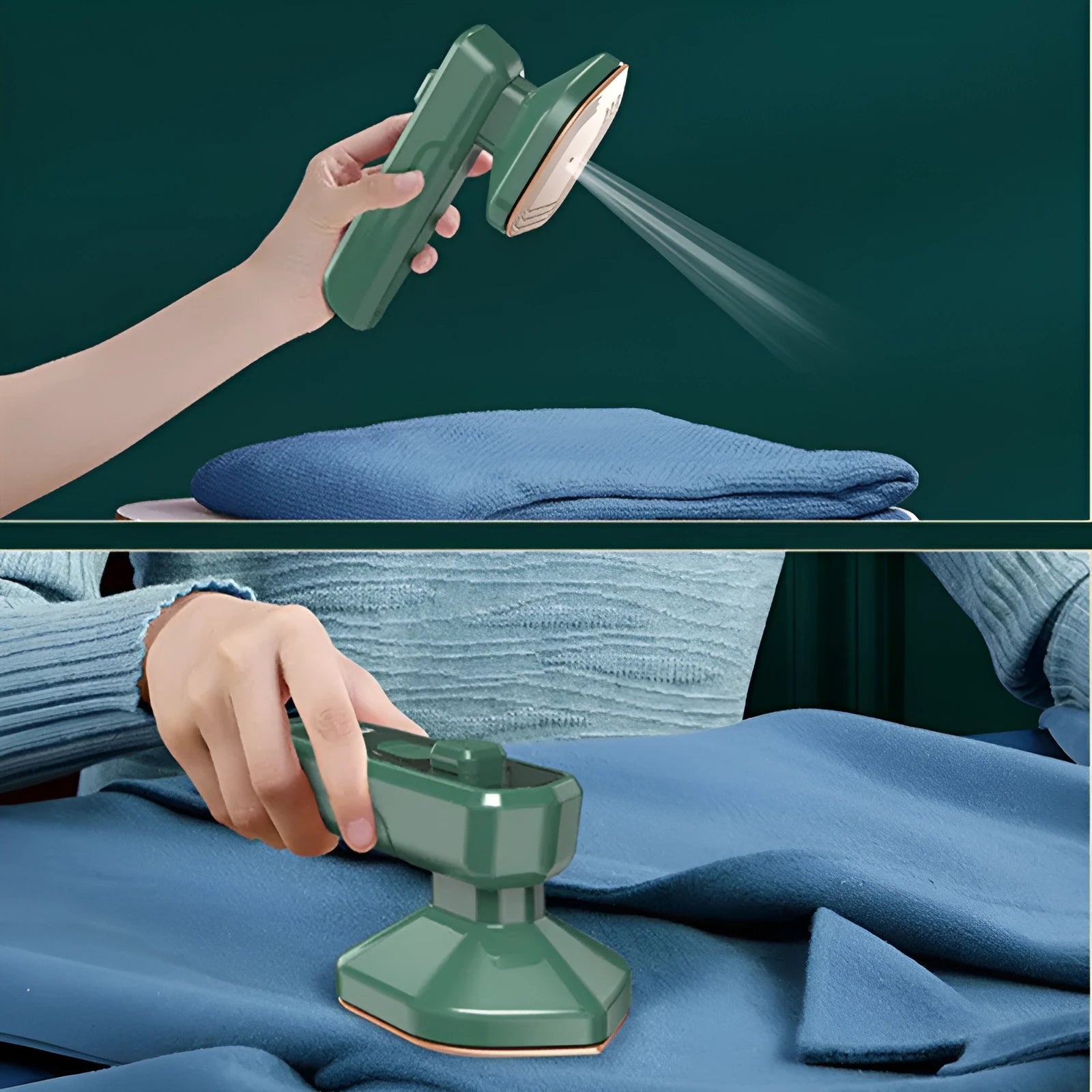 Dark green hand-held steam iron with ceramic panel showing dual temperature buttons and compact design