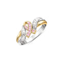 18k yellow gold plated ribbon ring with pink diamond inlay, US sizes 5 to 11, individual packaging