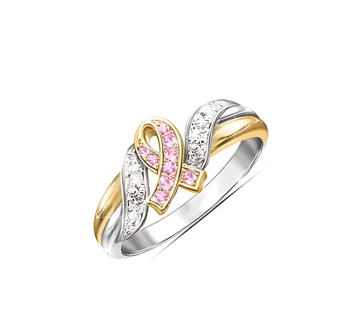 18k yellow gold plated ribbon ring with pink diamond inlay, US sizes 5 to 11, individual packaging