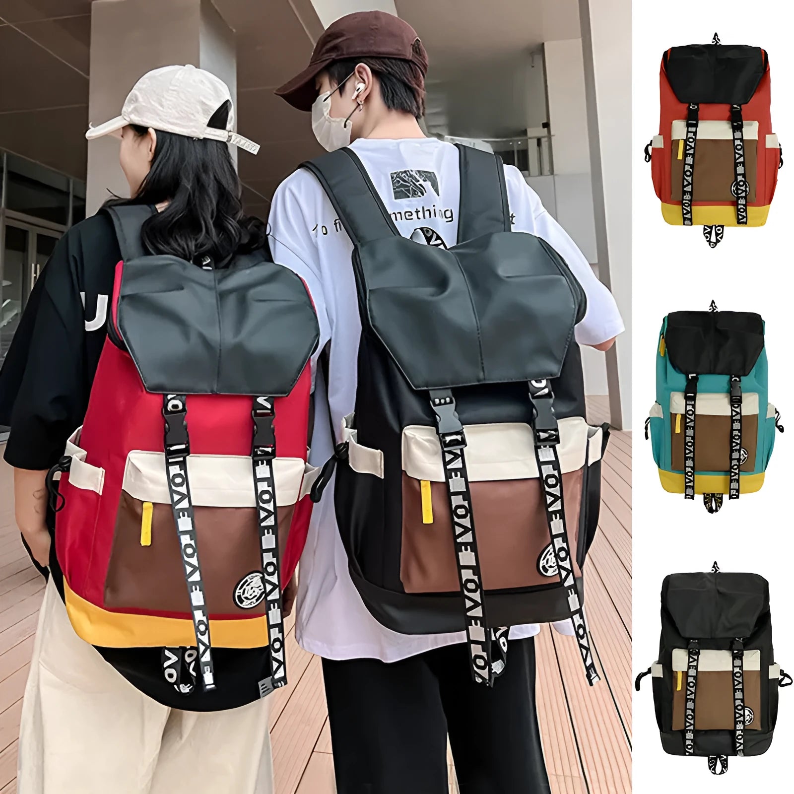 Oxford cloth school backpack in black, green, or red with handheld, shoulder and backpack carrying options