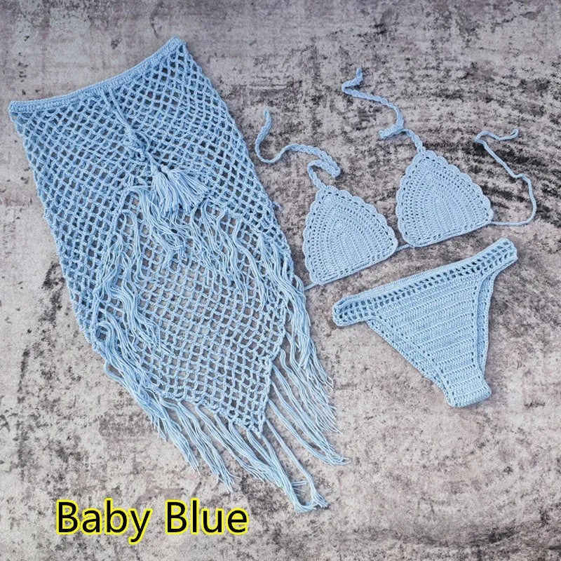 Women's 3-piece handmade crochet bikini set with skirt cover-up in solid colour acrylic fibre
