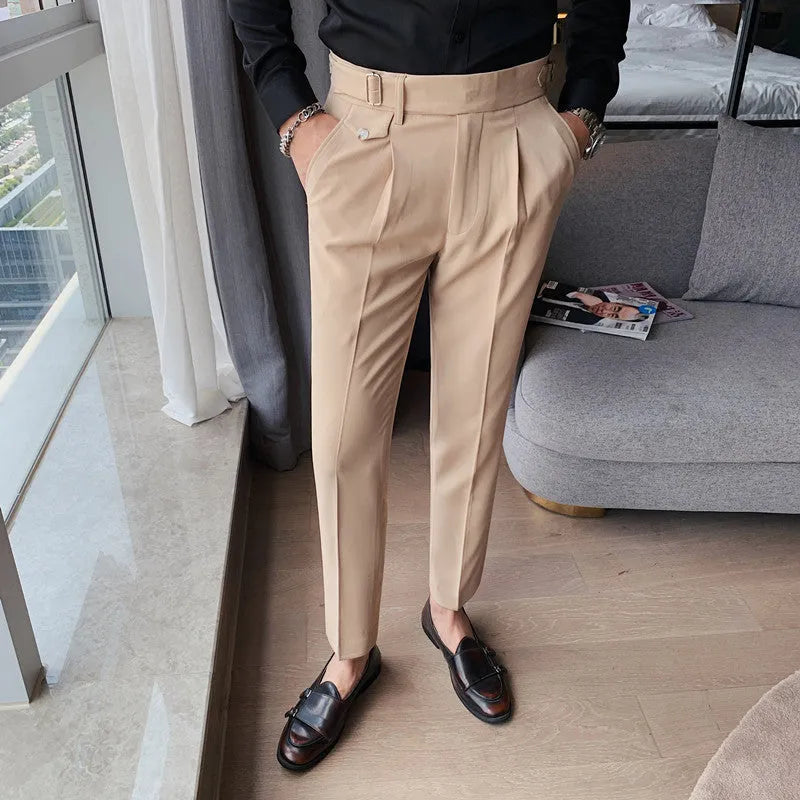 Men's straight-leg casual trousers in solid colours on a neutral background.