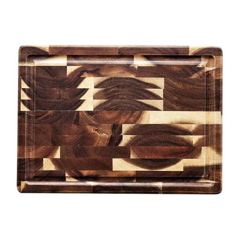Brown solid acacia wood chopping board, 3cm thick, on a kitchen countertop.