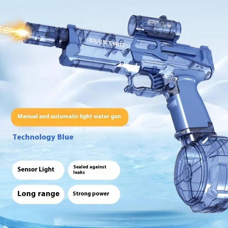 Black and blue automatic electric water pistol with LED lights, shown ready for a summer water fight.