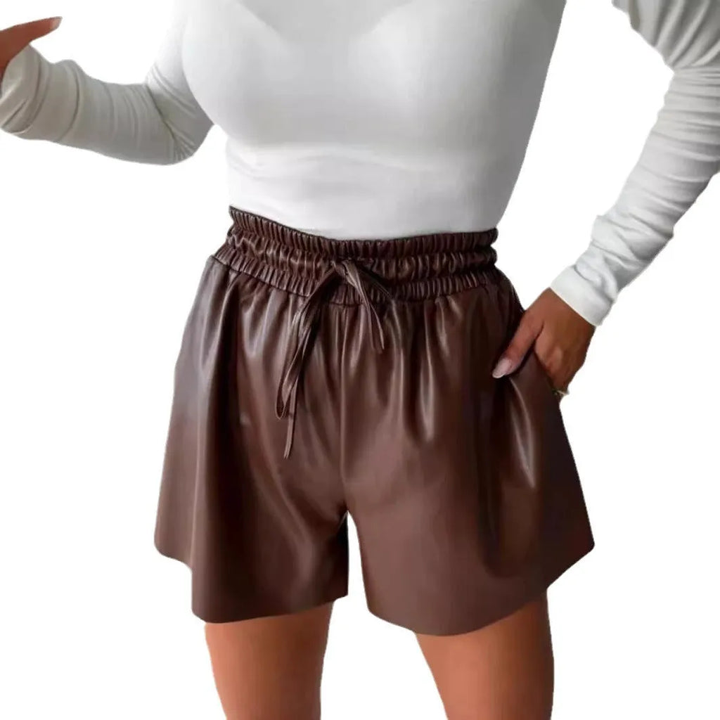 Women's black drawstring lace-up wide-leg casual shorts with PU leather detailing and straight-leg design
