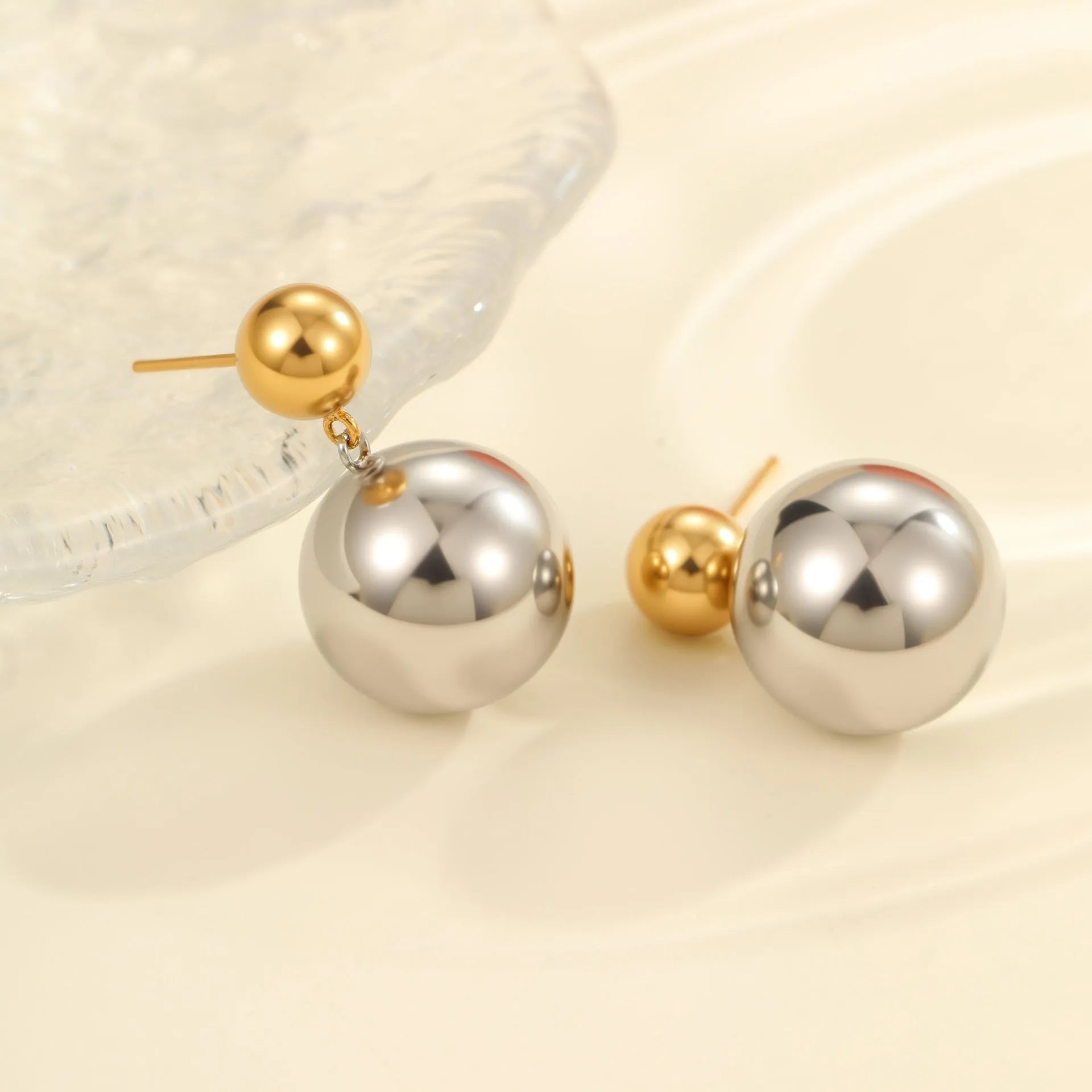 Stainless steel geometric ear studs with colour-block round sphere beads, 18K purity