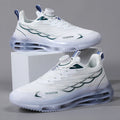 White men's low-top casual sneakers with rotating button on lace-up front and mesh upper.