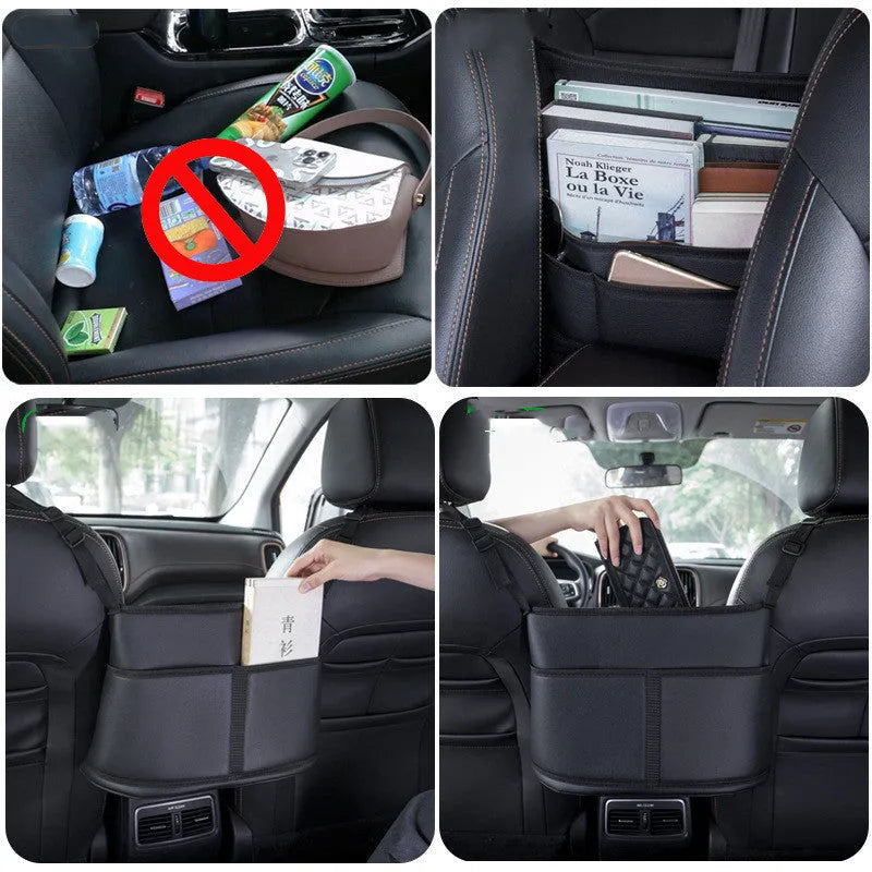 Black leather car seat storage bag with sports carbon fibre pattern measuring 38cm wide