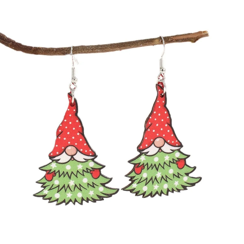 Wooden Christmas earrings with printed geometric designs featuring Santa Claus elements