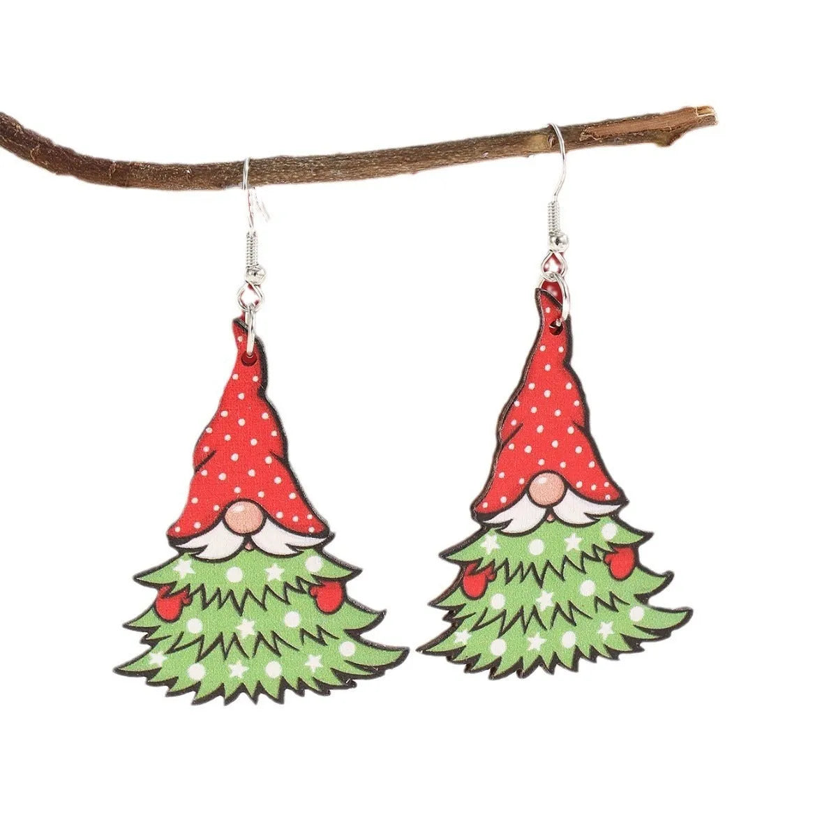 Wooden Christmas earrings with printed geometric designs featuring Santa Claus elements