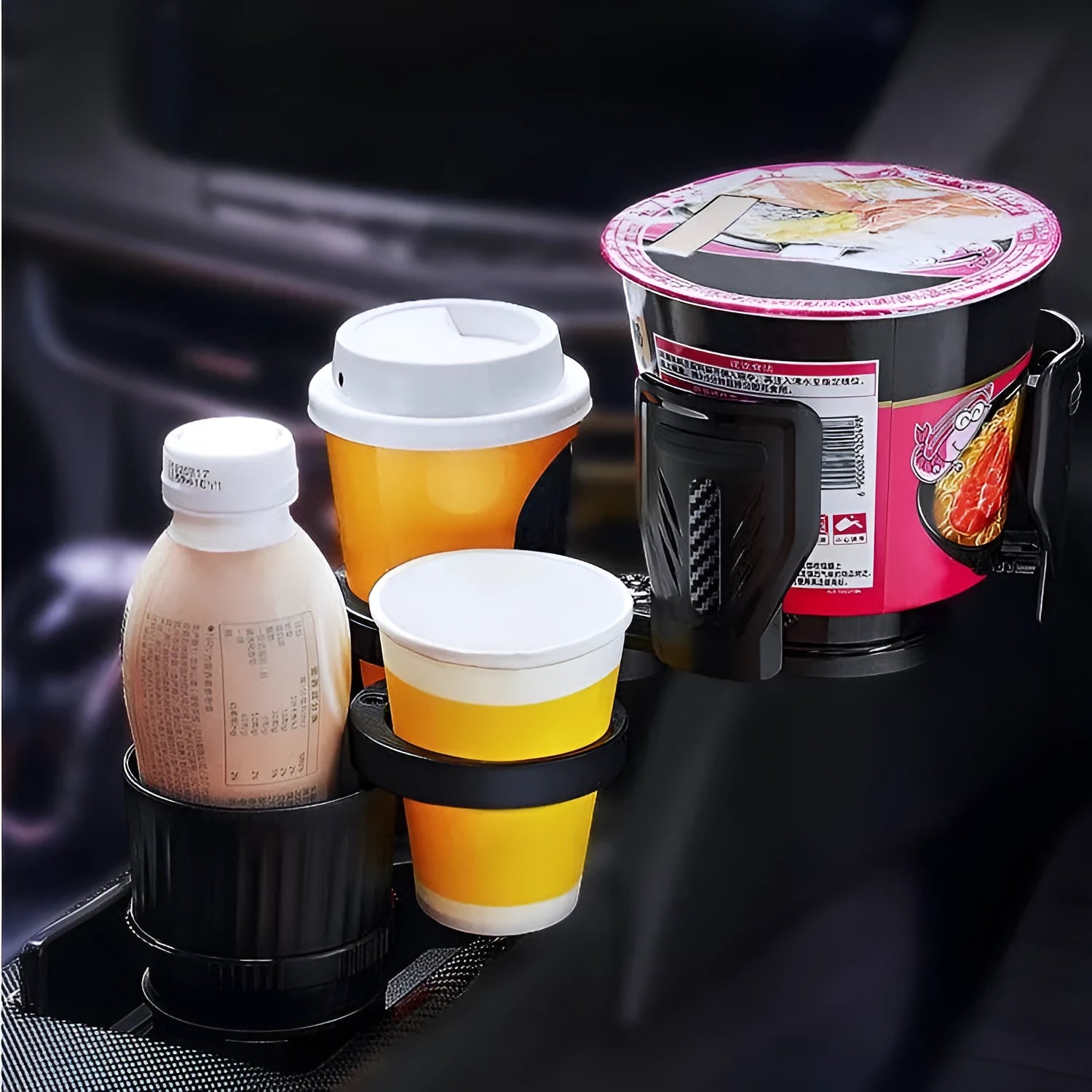 Carbon fibre black ABS plastic car cup holder with a retractable adjustable base.