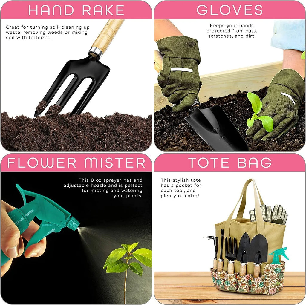 Stainless steel gardening tools set with eight implements including trowel, fork, cultivator and pruner