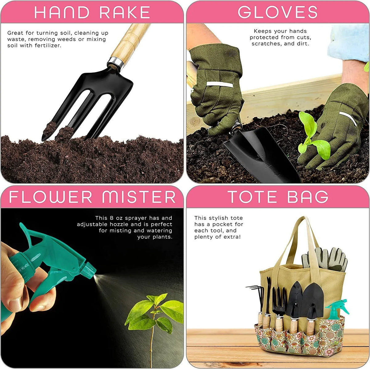 Stainless steel gardening tools set with eight implements including trowel, fork, cultivator and pruner