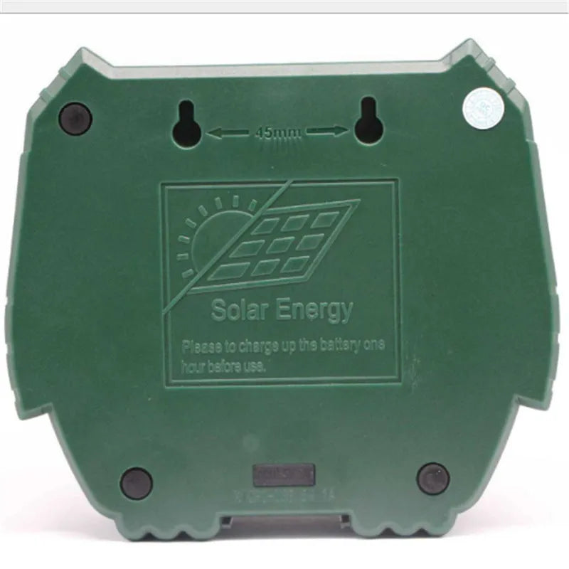 Green solar-powered ultrasonic animal repeller unit for outdoor pest control