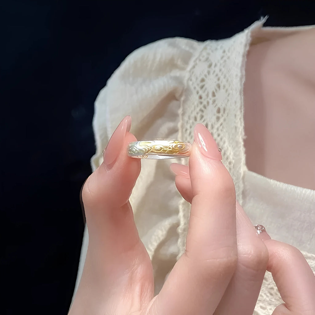 Xiangyun pattern white copper ring with silver gold electroplated finish and geometric open mouth design