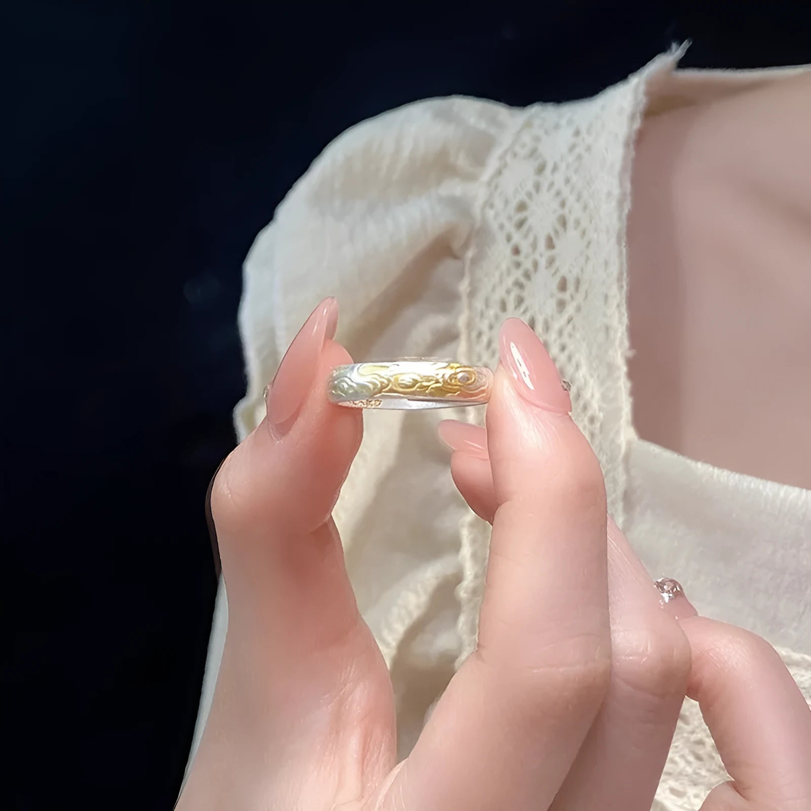 Xiangyun pattern white copper ring with silver gold electroplated finish and geometric open mouth design