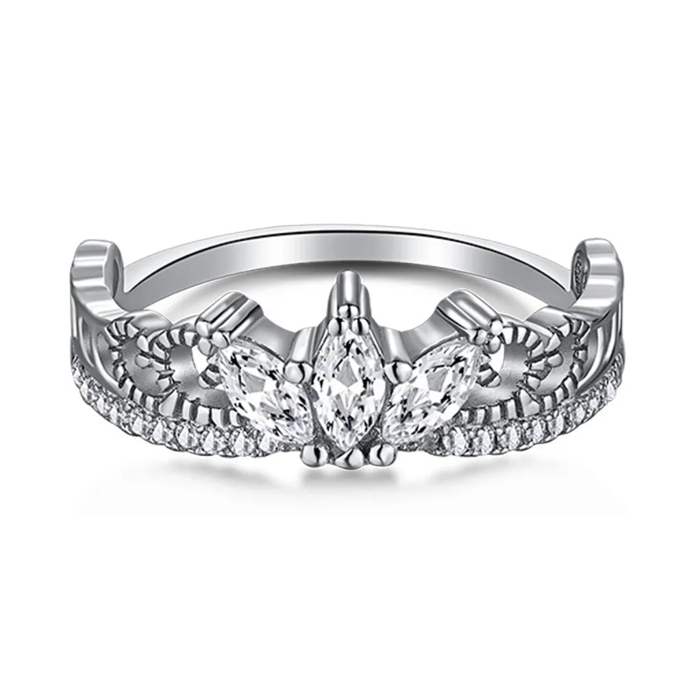 Sterling silver crown ring for women with main diamond design, electroplated finish, sizes 5 to 9