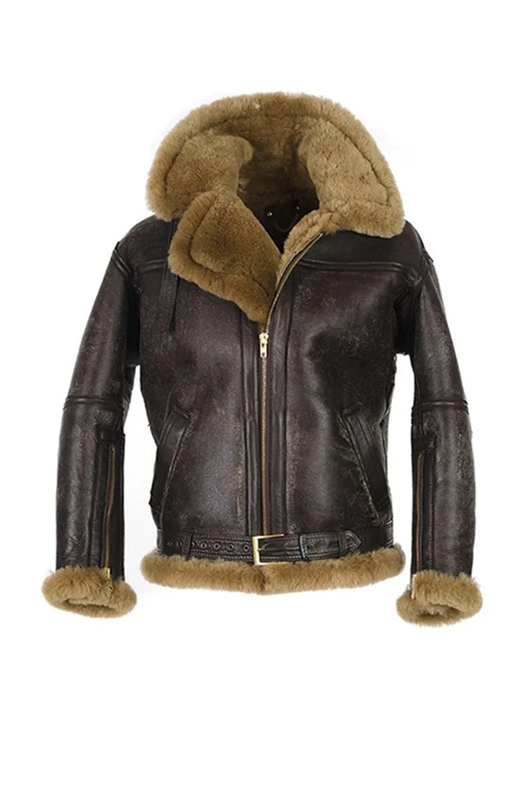 Men's brown retro Western-style synthetic leather fur coat with straight hem