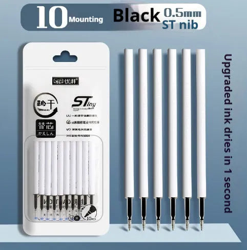 Four bullet pen refills showing black, blue, red, and ink blue ink colours with quick-drying technology