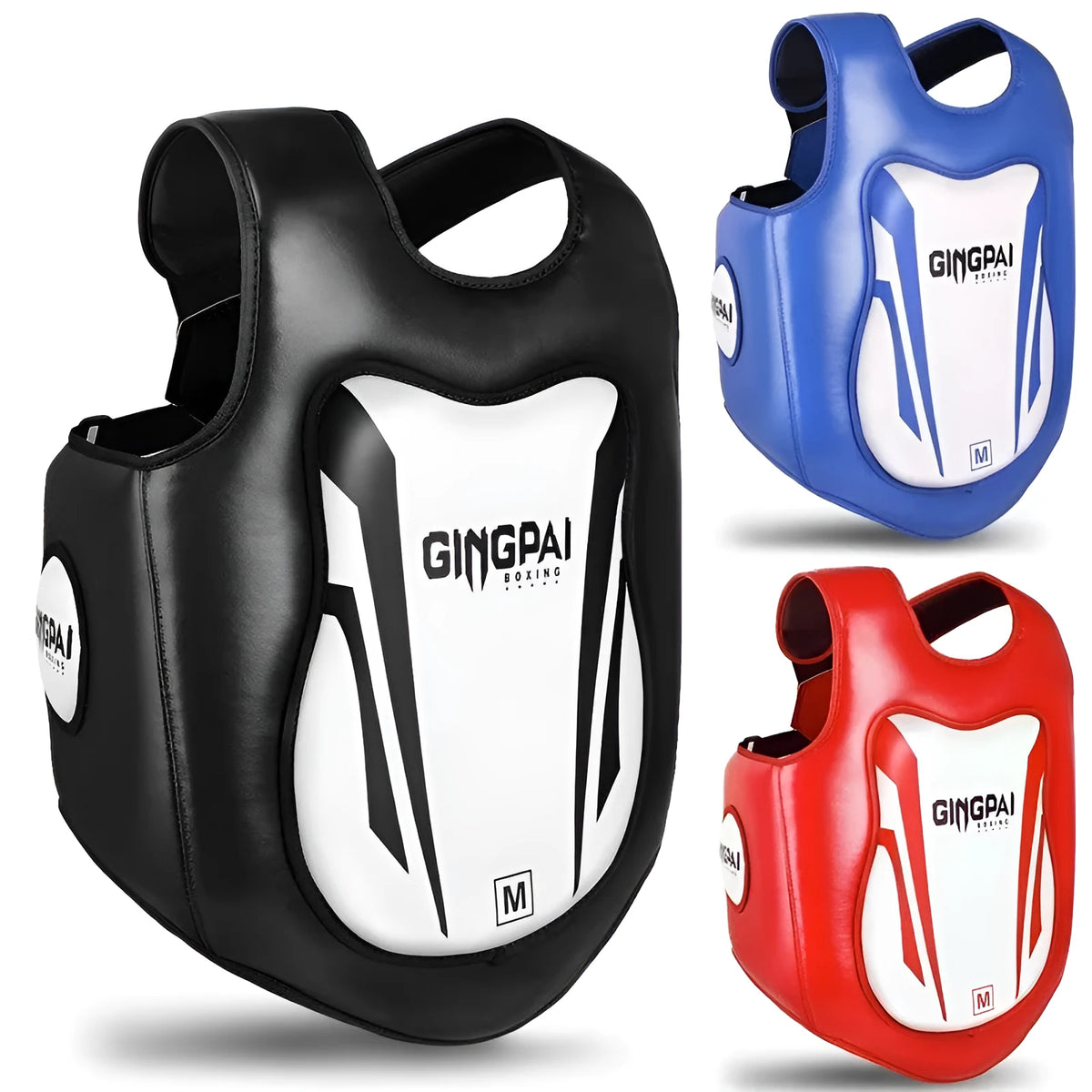 Sanda chest protector in PU, thickened vertical design for chest and belly, red white blue white black white, sizes S M L