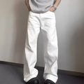 Men's white straight leg jeans with wide leg opening and front zip fly