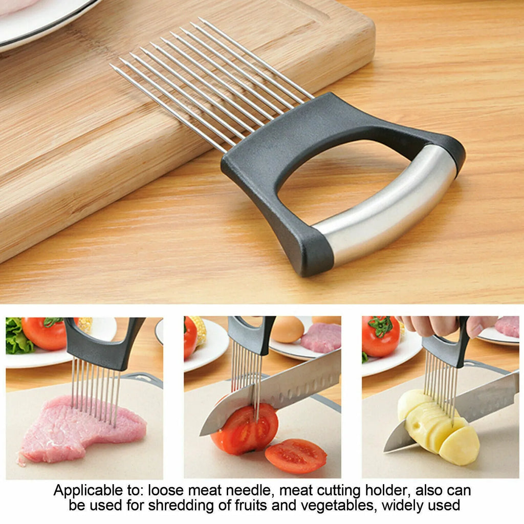 Stainless steel and plastic food slicer holder for onions and tomatoes on a kitchen worktop