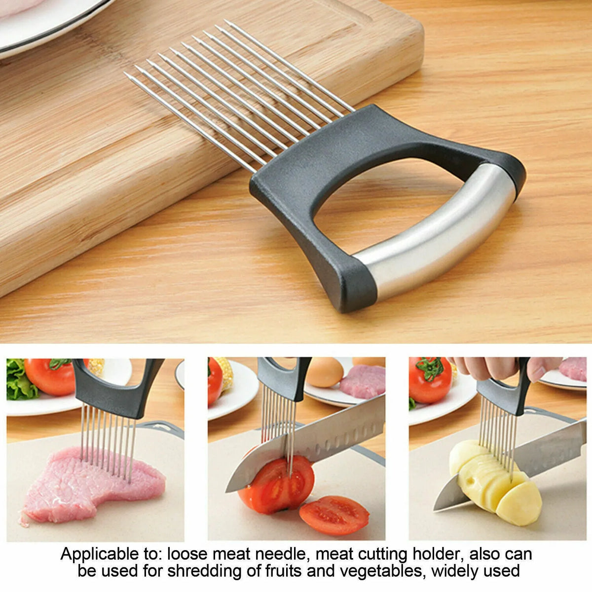 Stainless steel and plastic food slicer holder for onions and tomatoes on a kitchen worktop