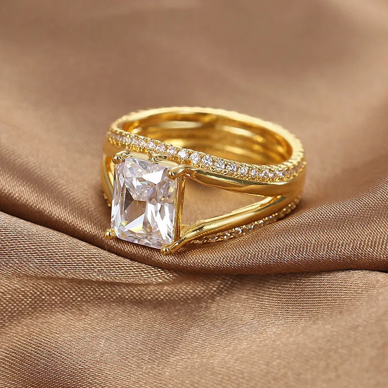 Gold geometric women's ring with square zircon stone in European sizes 6 to 9