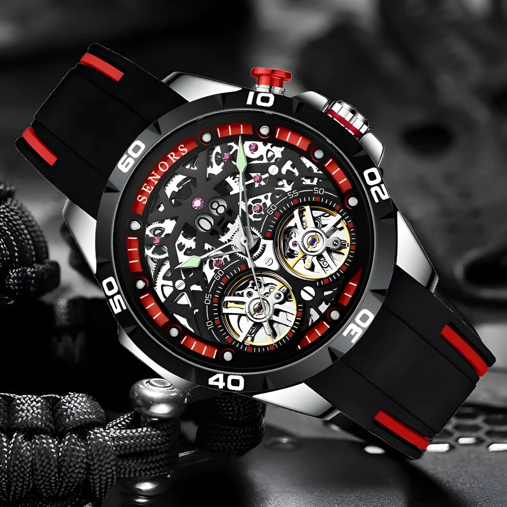 Automatic mechanical men's watch with hollow skeleton dial showing internal gears, available in red or blue with luminous hands