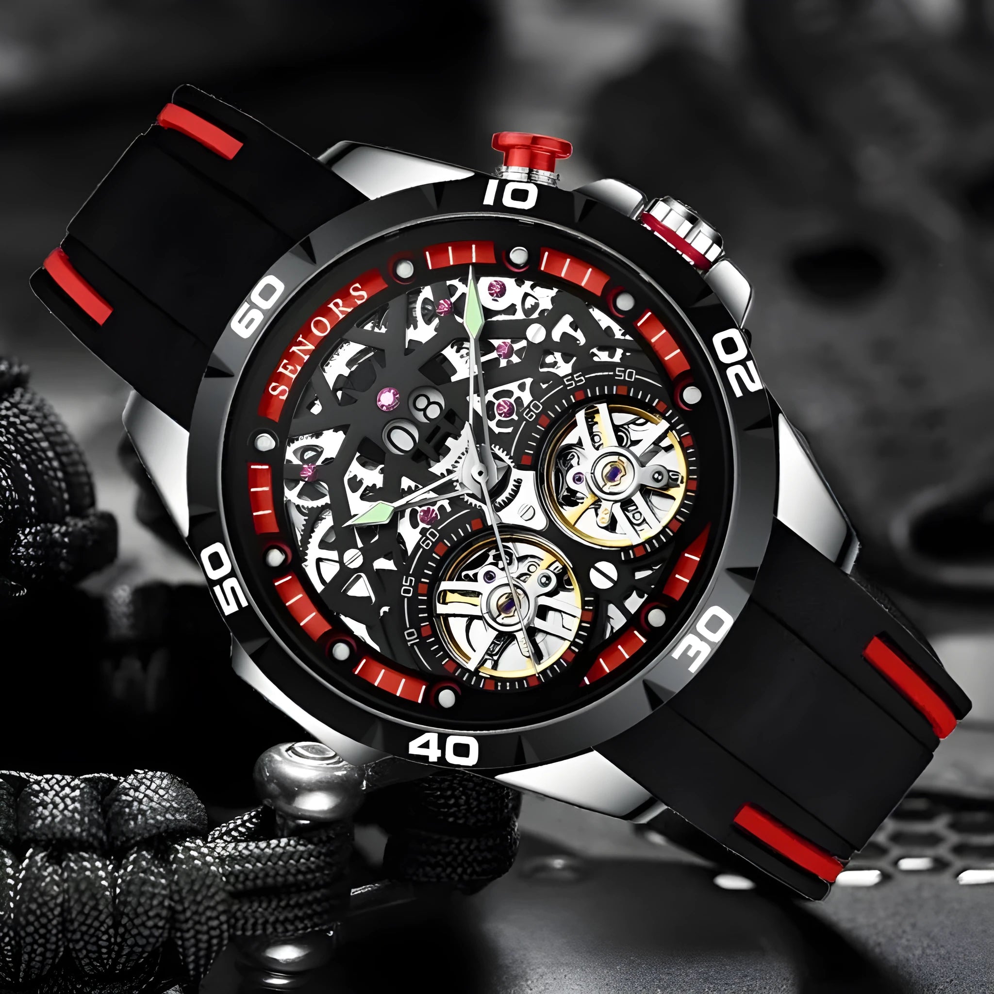 Automatic mechanical men's watch with hollow skeleton dial showing internal gears, available in red or blue with luminous hands