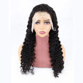 Solid colour human hair half lace wig displayed on a stand, showing its length and hand-woven construction.