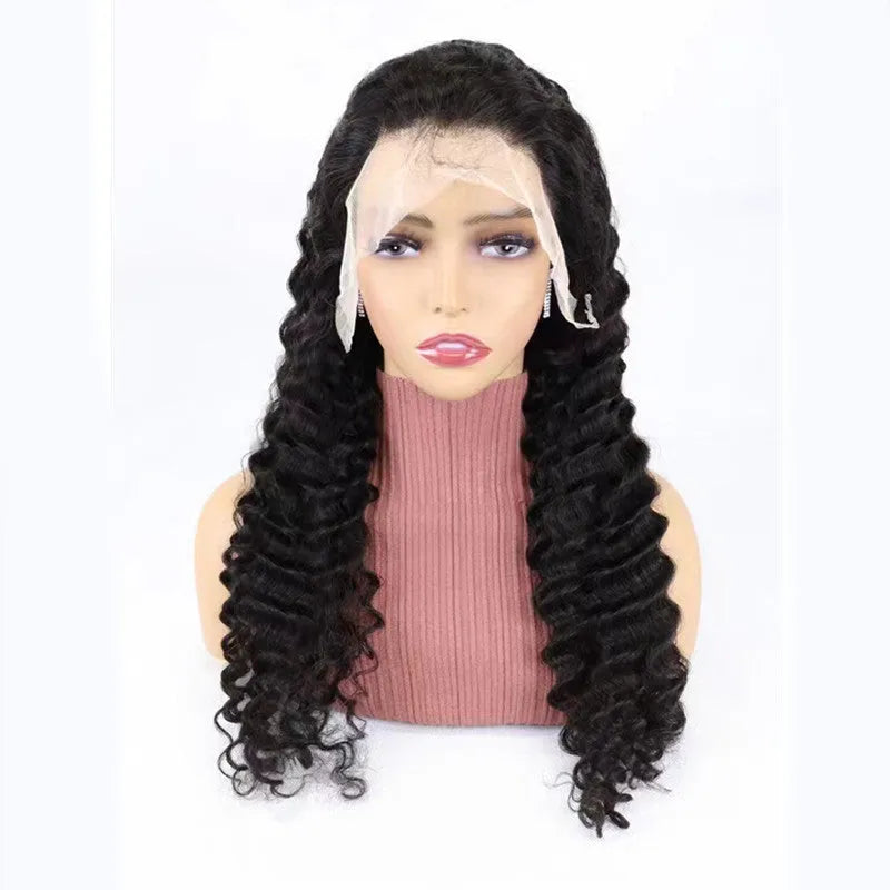 Solid colour human hair half lace wig displayed on a stand, showing its length and hand-woven construction.