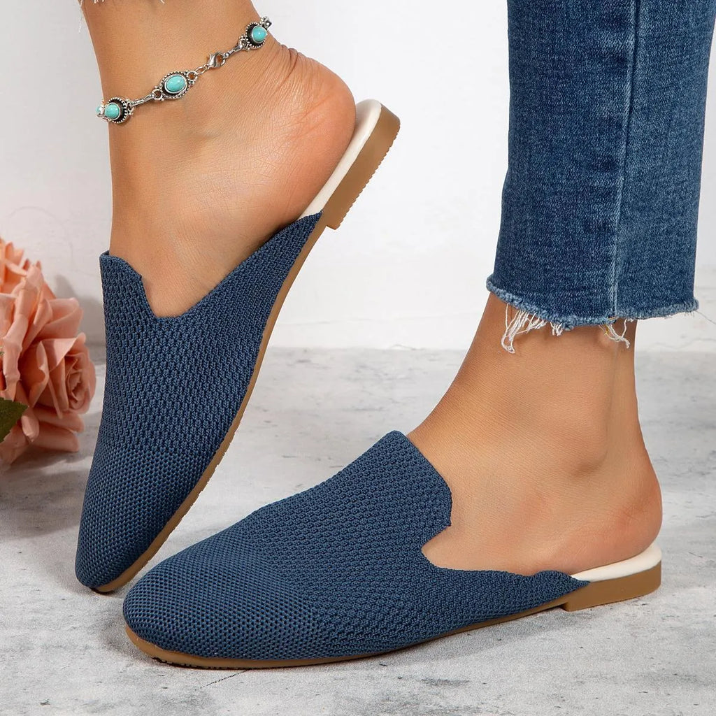 Mesh slip-on sandals in apricot colour with round toe and flat rubber sole