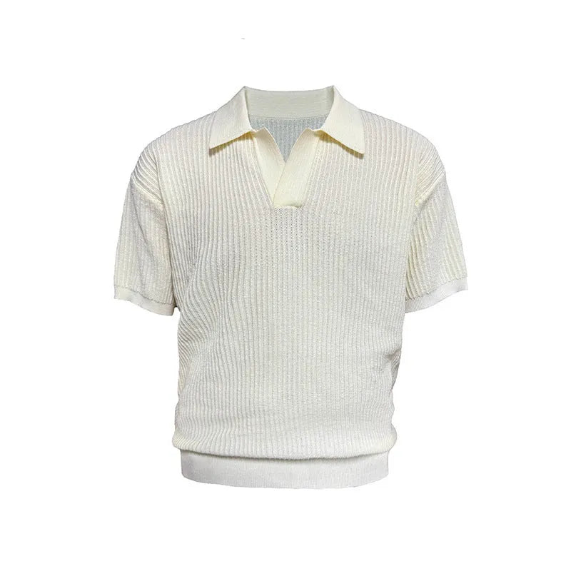 Men's creamy-white loose fit polo shirt with striped collar and short sleeves.
