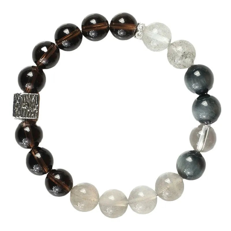 Khaki polished crystal couple bracelet set with 10mm geometric beads in Chinese style