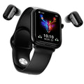 Black all-touch smartwatch with integrated Bluetooth earpieces, showing a 1.69-inch display on a zinc alloy body.