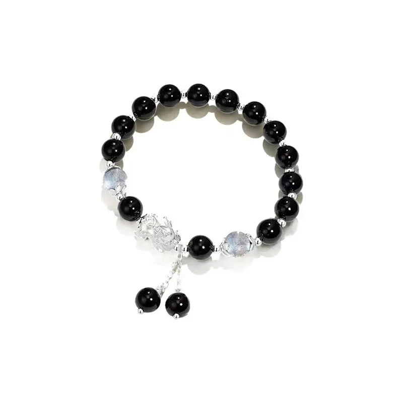 Natural black agate and moonstone couple bracelet with 10mm wave beads in national style