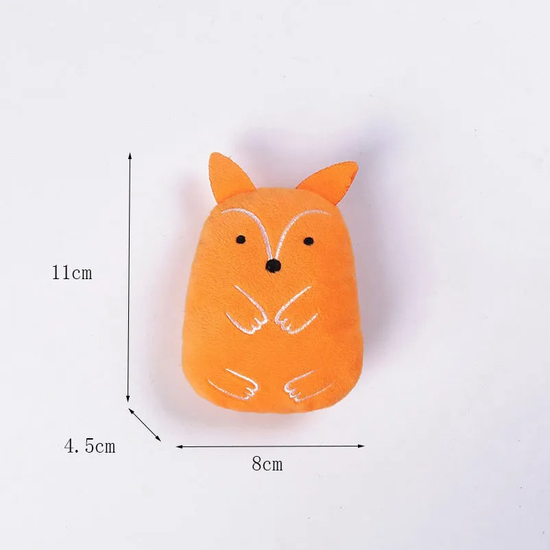Small plush cat toy with catnip for teeth grinding and chewing play, measuring 11cm long in various animal designs and colours