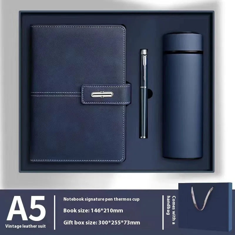 A5 notebook with a PU leather cover, open to show wood-free paper pages.