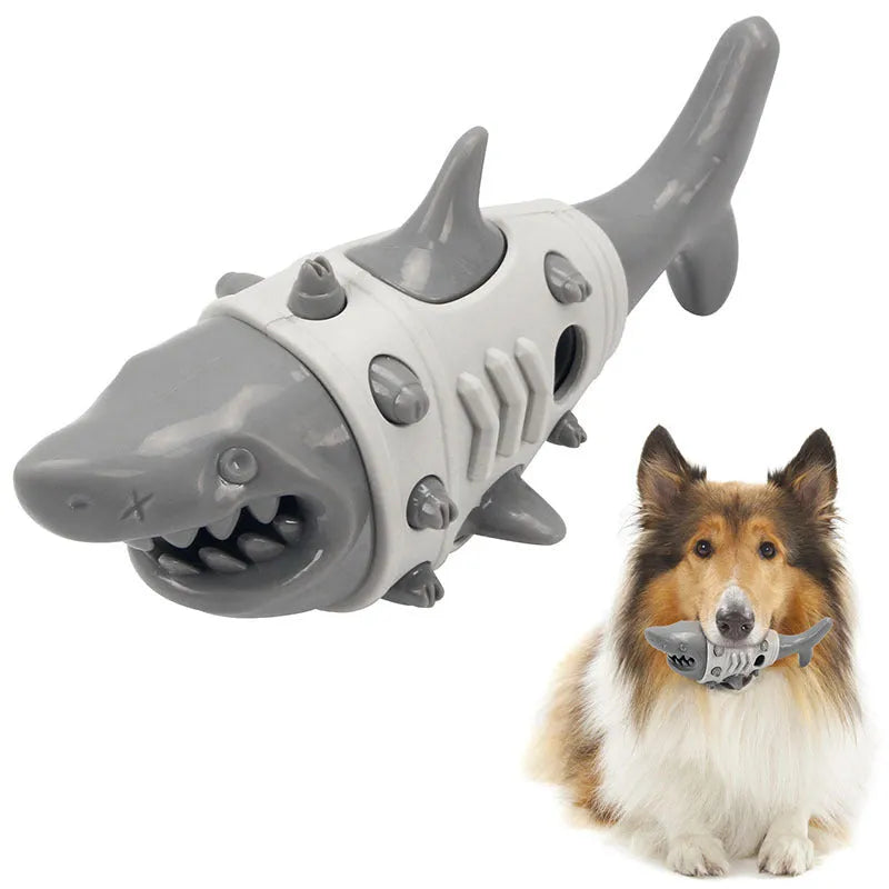 Shark tooth patterned dog chew toy for teething puppies and dental cleaning in blue colour