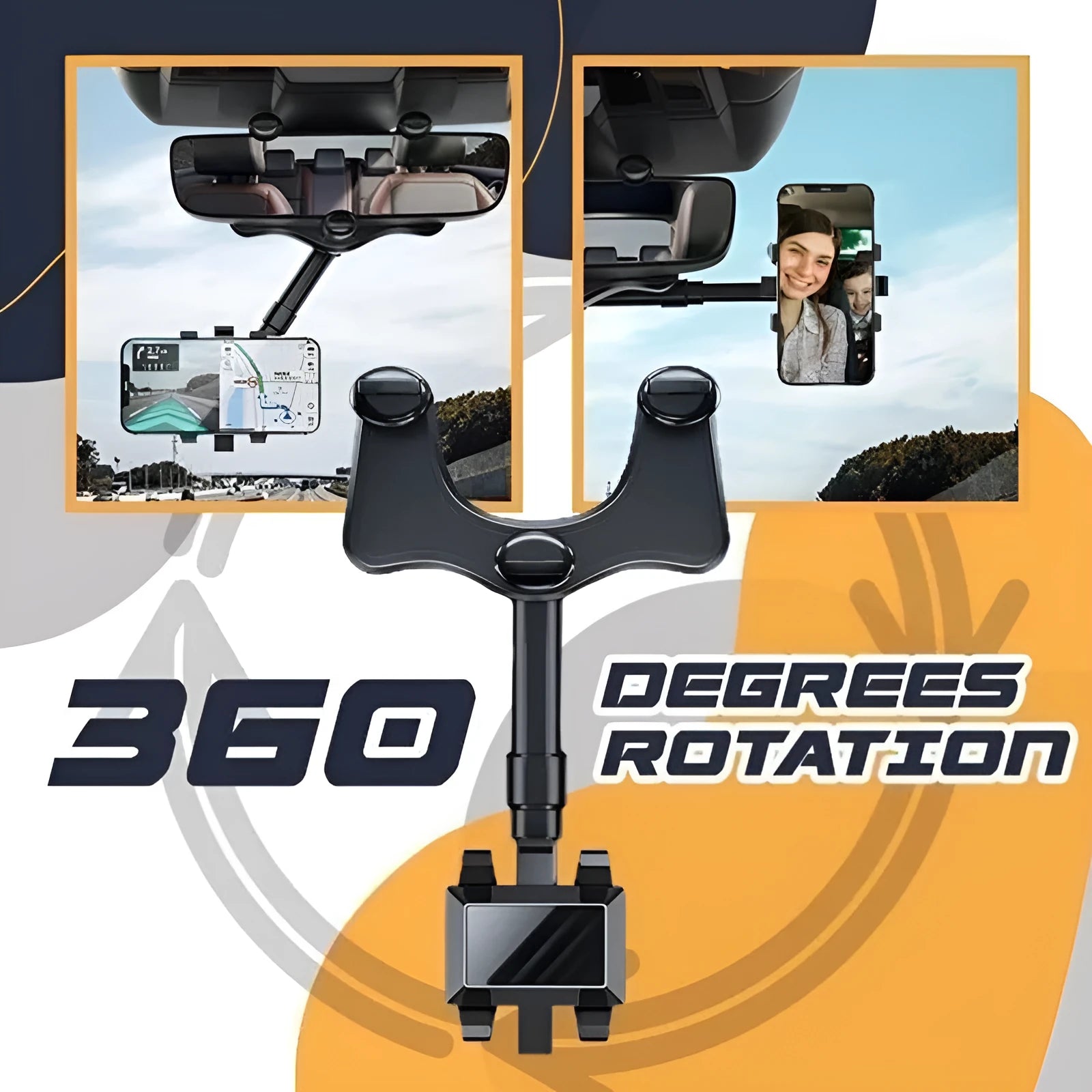 Black rearview mirror phone holder with telescopic arm and four-claw phone grip mounted on a car mirror