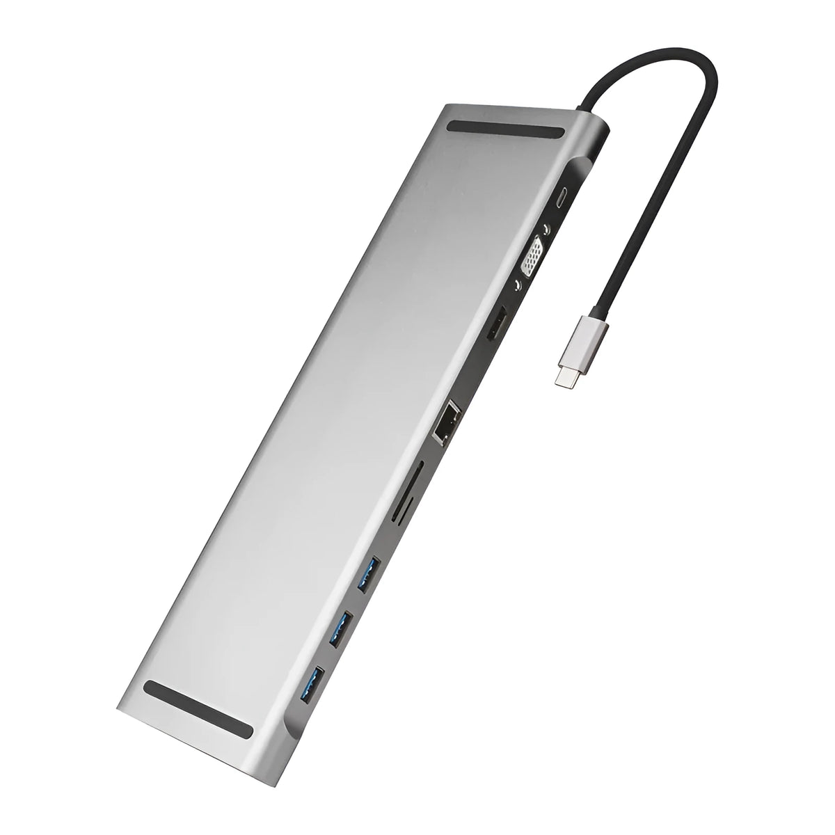 Grey aluminium ten-port USB hub docking station with cooling bracket on a desk.